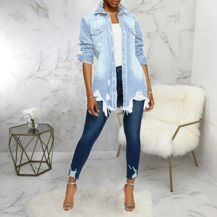 Women Jeans Jackets Spring Summer Ripped Denim Vintage Casual Denim Jacket Long Sleeve Female Chic Coat Streetwear 2024