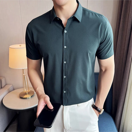 High Quality Ice Silk Elastic Jacquard Shirts 2024 Summer New Men Casual Short Sleeved Slim Fit Business Versatile Shirt 4XL-M