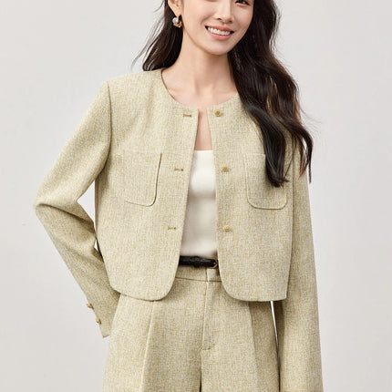 SENTUBILA Spring Women's Jackets 2025 Straight Cropped Office Lady Crewneck Long Sleeve Single Breasted Formal Coat 151W58771