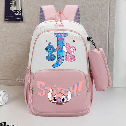 Disney Stitch Backpack with Pencil Bag for Students Anime High-capacity Schoolbag Boys Girls Letter A-Z Printed Backpacks Gifts