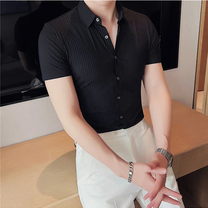 2024 Summer High Elasticity Seamless Short Sleeve Shirts Fashion Stripes Men Business Formal Wear Slim Fit Casual Dress Shirt