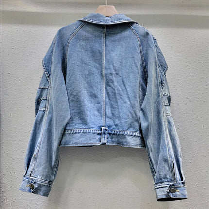 WTHT Fashion Women Metal Chain Decoration 3D Pocket Cargo Denim Jacket 2025 Summer Trendy Lapel Long Sleeves Coat Female 1LS1390