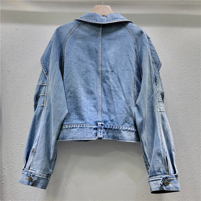 WTHT Fashion Women Metal Chain Decoration 3D Pocket Cargo Denim Jacket 2025 Summer Trendy Lapel Long Sleeves Coat Female 1LS1390
