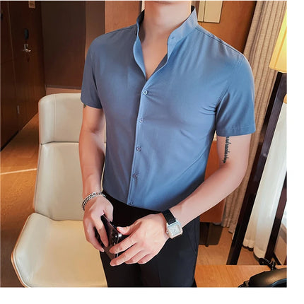 Men's Summer Fashion Stand Collar Business Casual Short Sleeve Shirt Luxury Slim Fit Solid Dress Shirt Brand Men Clothes 5XL-M