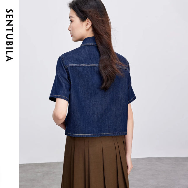 SENTUBILA Lyocell Denim Women Jackets 2025 Retro Fashion Short Streetwear Button Pockets Casual Female Outerwear W52W59414