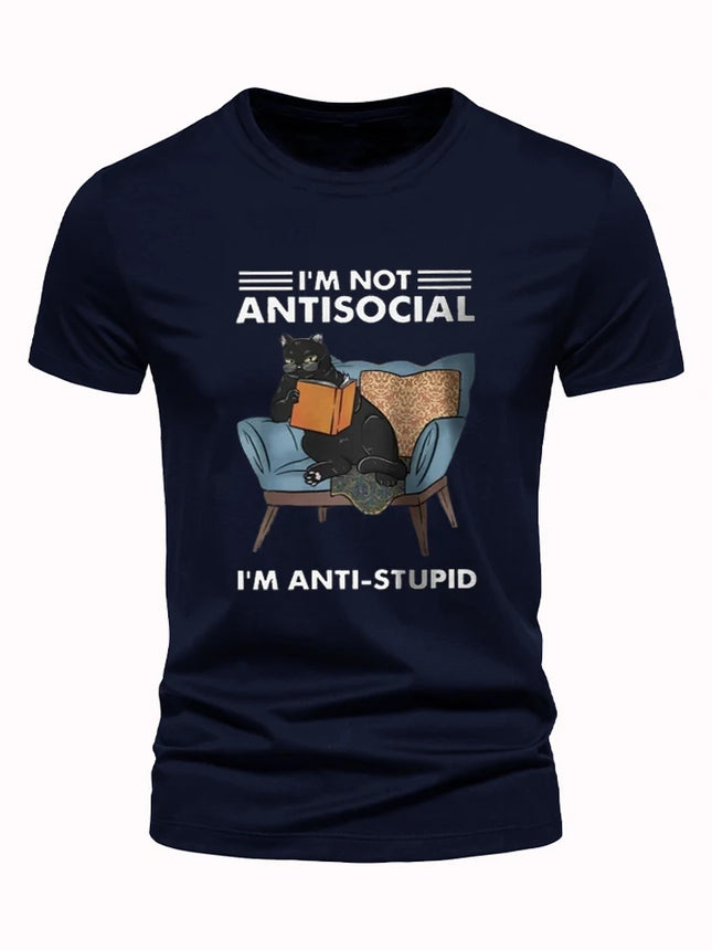 I Am Not Anti Social Letter Print Tshirts Animal Cat Printed Men's T-shirt Summer Loose Casual Tees Streetwear Short Sleeve Tops