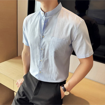 Summer New Chinese Style Linen Cotton Shirts Men's Standing Collar Short Sleeved Thin Breathable Shirt Tops Streetwear 4XL-M