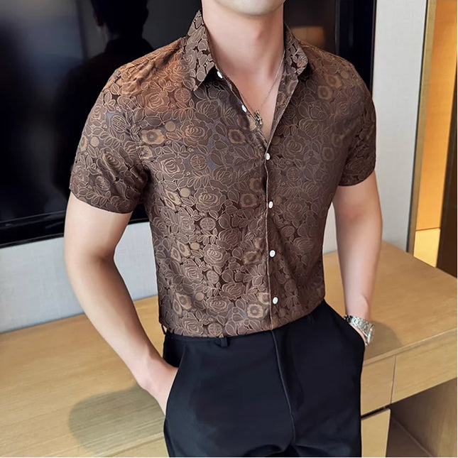 2025 Summer New Flower Shirts Men Short Sleeve Retro Casual Shirts Fashion Versatile Business Slim Social Party Tuxedo Blouse