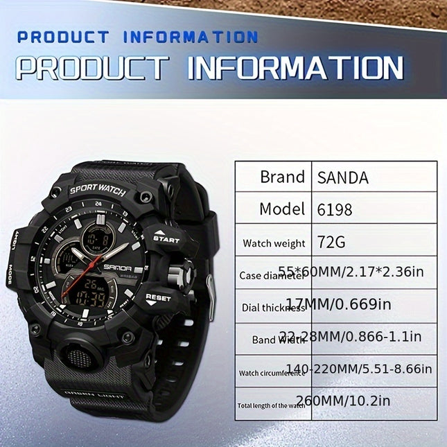 SANDA Sports Watch for Men - Water Resistant 50m, Digital & Analog Display, Rubber Strap, Electronic Movement, Resin Case - Multi-Functional, Dual Display, Suitable for Swimming & Outdoor Activities