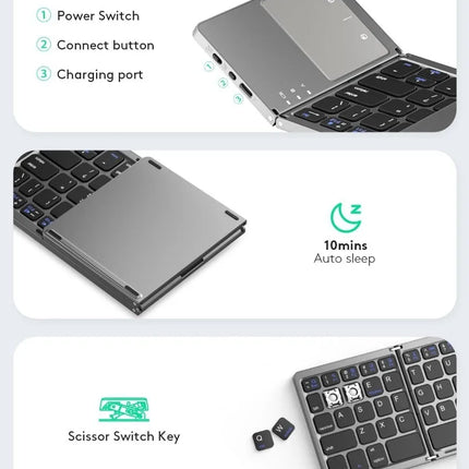 CE FCC RoHs Rechargeable Bluetooth Folding Keyboard with Touchpad Portable Slim Wireless Foldable Keyboard for Laptop Tablet