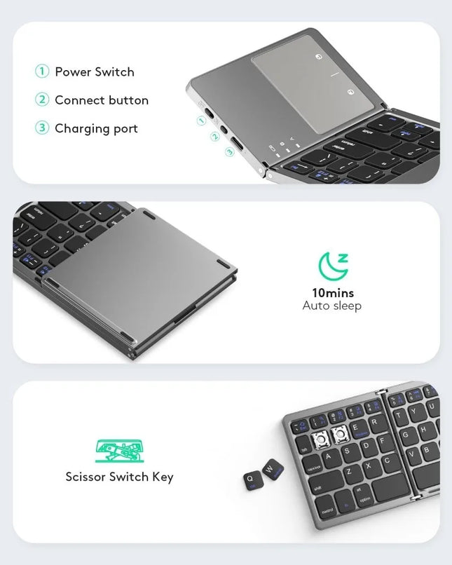 CE FCC RoHs Rechargeable Bluetooth Folding Keyboard with Touchpad Portable Slim Wireless Foldable Keyboard for Laptop Tablet