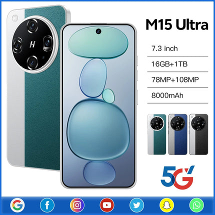 Unlocked Dual Card M15 Ultra 5G Smartphone 16GB+1TB Android 15 Mobile Phones 7.3inch HD Screen 100W Quick Charge Spanish