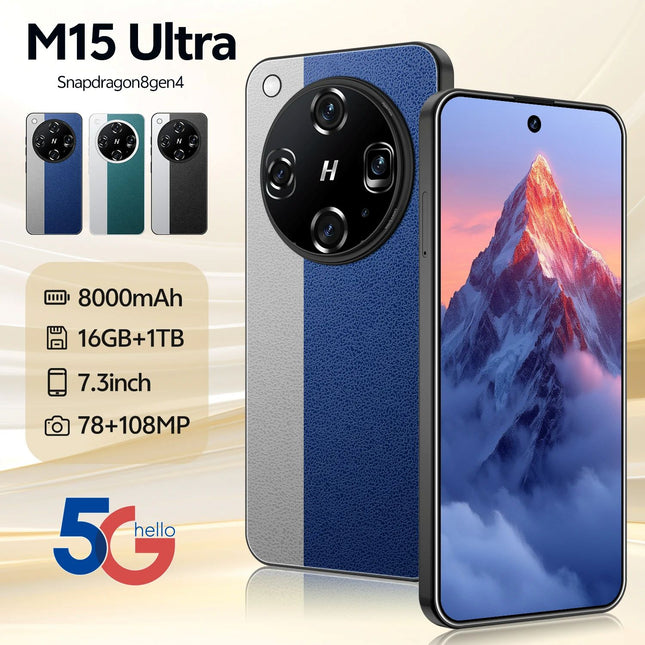 Unlocked Dual Card M15 Ultra 5G Smartphone 16GB+1TB Android 15 Mobile Phones 7.3inch HD Screen 100W Quick Charge Spanish