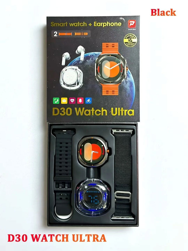 D30 Ultra Smartwatch with HD IPS Screen Double Band TWS Earbuds Smart Fitness Tracker and Waterproof IP68 for Android Users